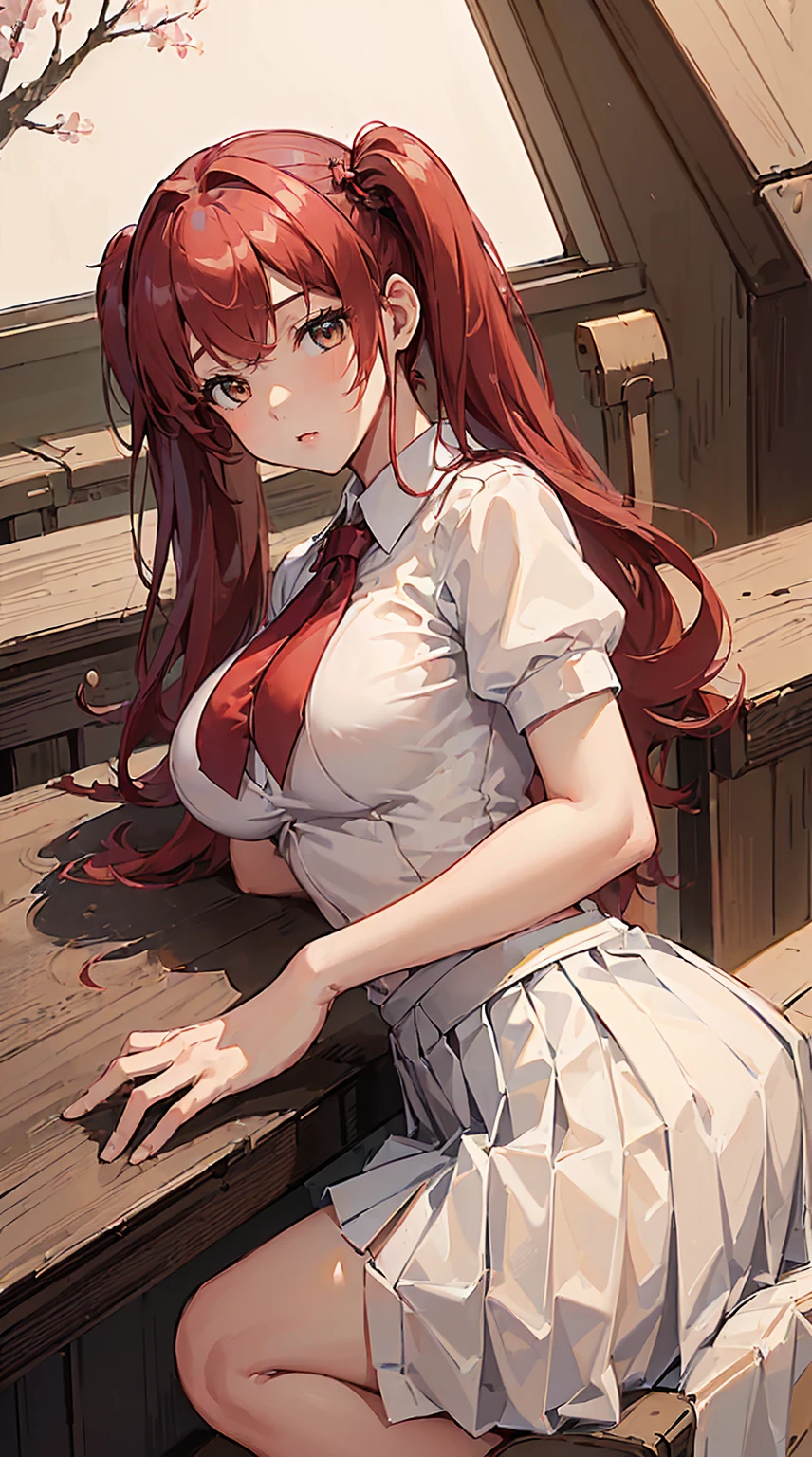 (((Masterpiece,detailed, super high quality,In 4K,Highest qualityの高品質:1.5))), (extremely detailed, Finely detaileded:1.3), (Attractive photos,Highest quality, In 4K, 8K, High resolution,Precise human body:1.3),(Boobs Close-up),whole body,Tsundere,(Beautiful woman,Beautiful face line,Feminine body lines,Beautiful red hair,Twin tails,Beautiful brown eyes)(Huge boobs,impossible cloth,taut cloth,bottom gap:1.1)(looking at the camera)(Perfect garment,,White shirt,Mini Pleated Skirt,undersized,),classroom