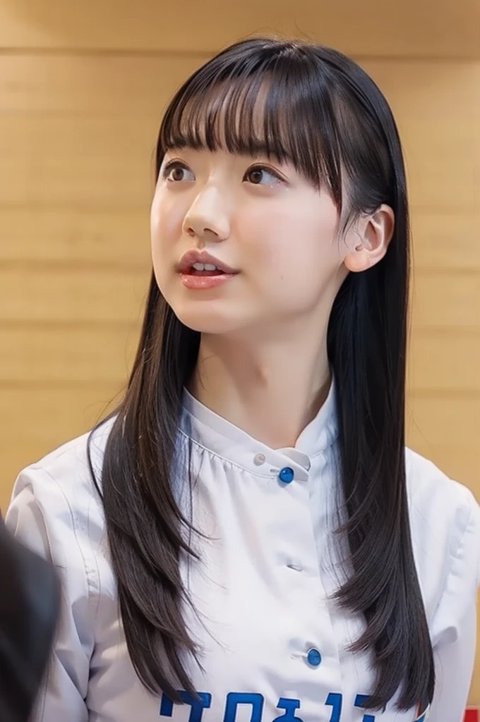 slender girl, (make up:1.1), (ニットセーター:1.2), middle breasts, at school room, (upper body shot:1.1), round face