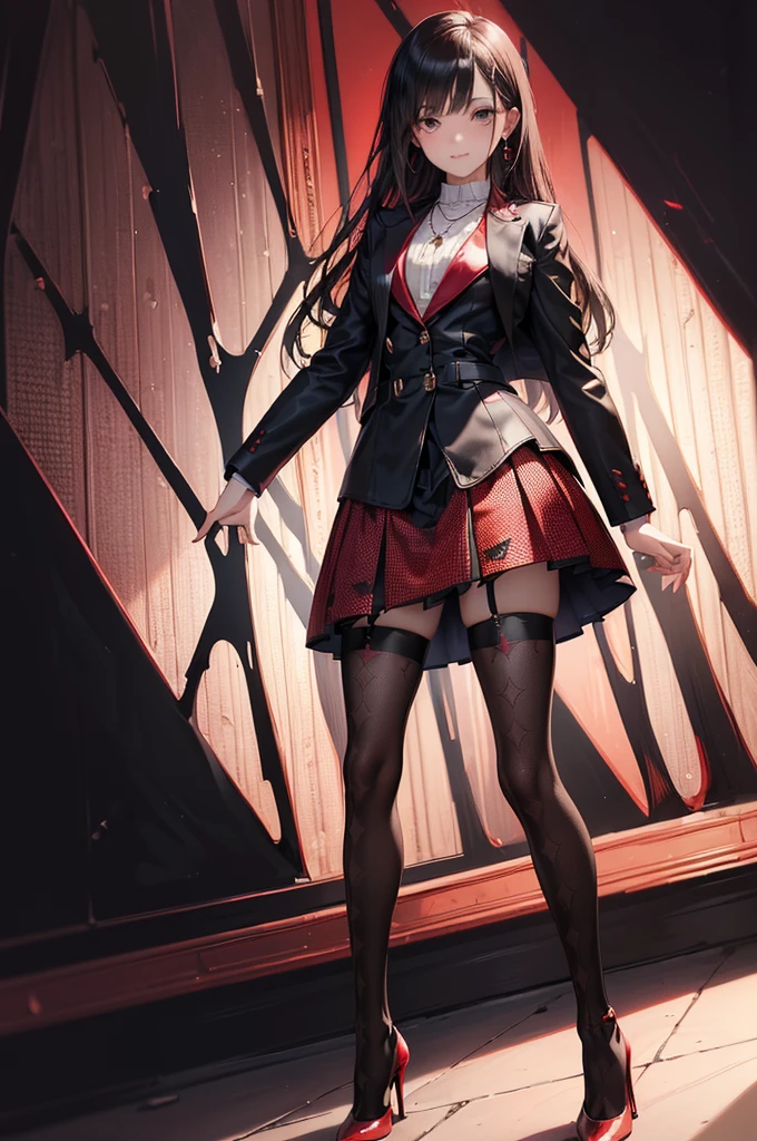 ((Biologically correct limb count)),(( From head to toe,Full-body photo including face)),4K,((Standing position)),masterpiece,((Focus on the face)),((Symmetrical facial features)),Eyes with detailed description,Beautiful woman,Great style,Beautiful arms,Beautiful legs,Beautiful Hands,(Small Ass,Thin thighs),Facial detailing,Small earrings,necklace,(Red and black patent leather blazer,Checked mini skirt((Black high heels,Black patterned stockings))),Realistic photo,Stand at an angle,Low angle photo