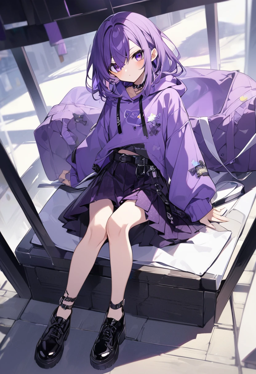 Keito。Purple Eyes。Purple Hair。Purple Skirt。Black shoes下。Black shoes。Purple hoodie