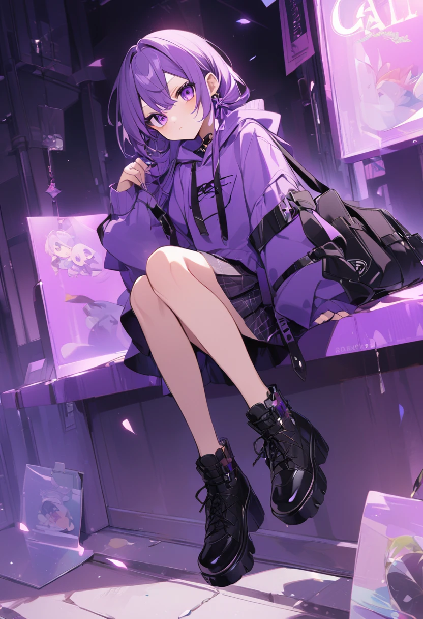Keito。Purple Eyes。Purple Hair。Purple Skirt。Black shoes下。Black shoes。Purple hoodie