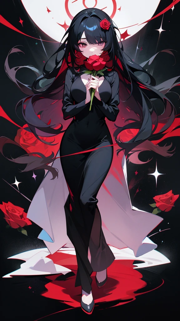Anime girl with long black hair wearing a black dresss with red roses around it with sparkles a rose covering her left eye her eyes are blue full body and white screen