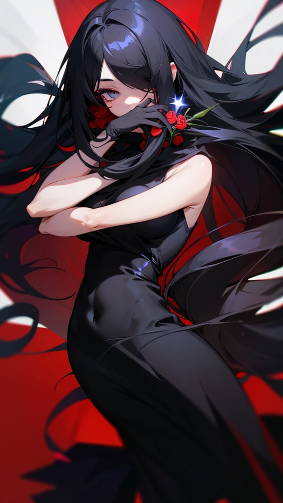 Anime girl with long black hair wearing a black dresss with red roses around it with sparkles a rose covering her left eye her eyes are blue full body and white screen
