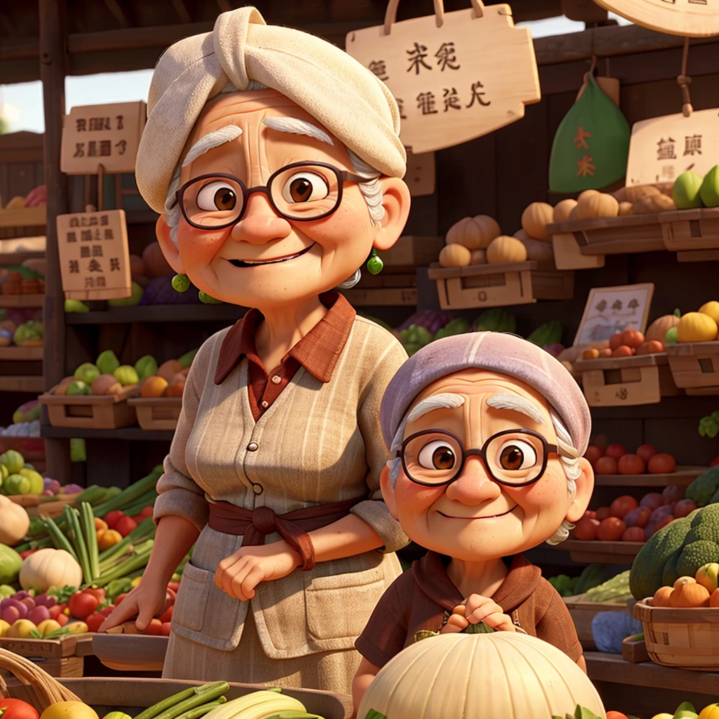 An old woman face with wrinkles selling vegetable in the market