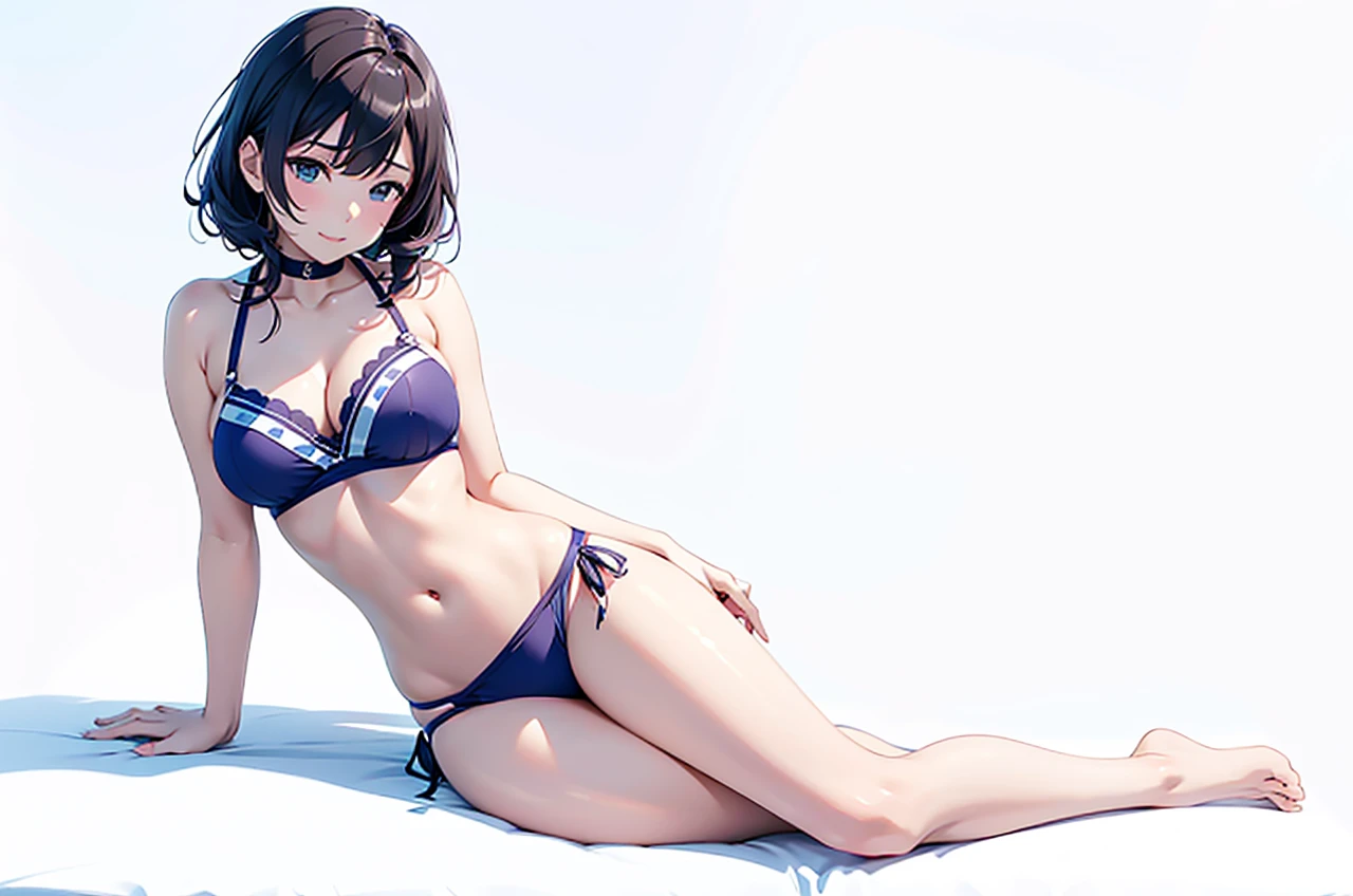 Yoshiko Tsushima love live! The school idol project 
  in a bikini laying down on her side with her arm for support poseing 