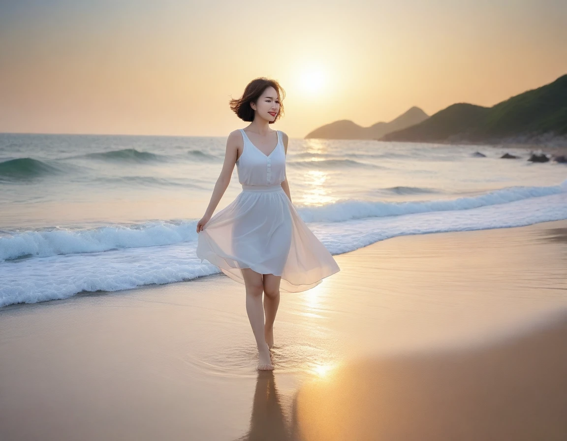 8K, sunset red sun on the beach,A strong lingering scent is reflected in the sea., Beautiful 36-year-old short Korean woman, Chest size 34 inches, Wear sleeveless, light skirt. beautiful pretty woman look , wearing a light skirt , Go far into the sea water and dip your toes., Short medium hair blowing in the wind, 1 woman, beautiful eyes, a little smile, Full-body photo taken from afar with a wide-angle lens, The background is clean and perfect., the waves are coming, The picture quality is very clear and clear