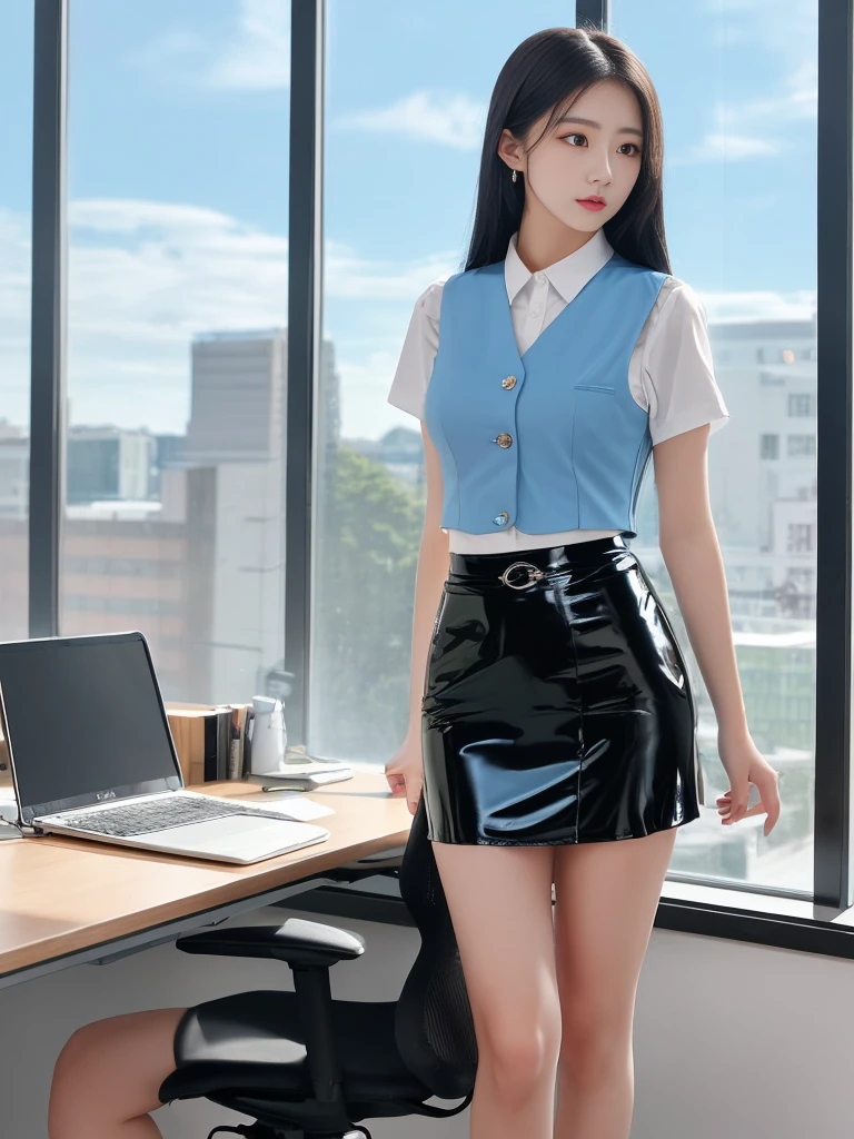 A beautiful woman, 18 years old, in an office, sitting in a chair, behind a desk, exhausted, sad, angry, at night, contemplating the landscape through the window, /(white skin, extremely long black hair, sky blue eyes,), /(fitted office clothes: patent leather shoes, sky blue plain mini skirt, white short-sleeved blouse, buttoned sky blue vest, hair brooch,), /(shapely legs, hourglass athletic body, medium hips, medium waist, big chest,),