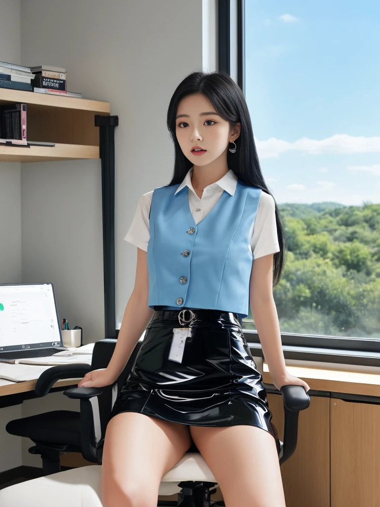 A beautiful woman, 18 years old, in an office, sitting in a chair, behind a desk, exhausted, sad, angry, at night, contemplating the landscape through the window, /(white skin, extremely long black hair, sky blue eyes,), /(fitted office clothes: patent leather shoes, sky blue plain mini skirt, white short-sleeved blouse, buttoned sky blue vest, hair brooch,), /(shapely legs, hourglass athletic body, medium hips, medium waist, big chest,),