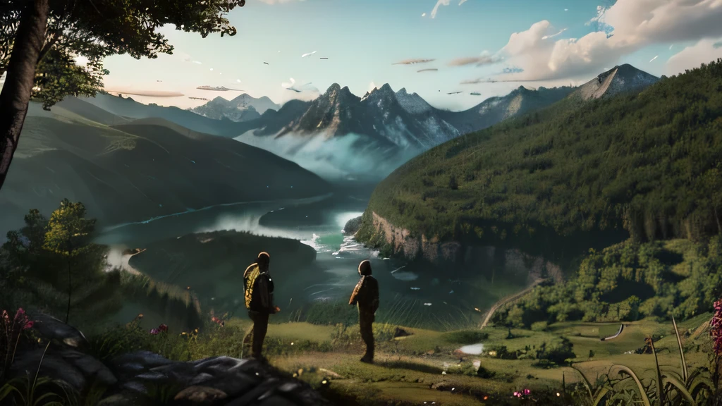 Two male travelers stand in the middle of the forest, against the backdrop of massive mountains, в сииле far cry 3. art
