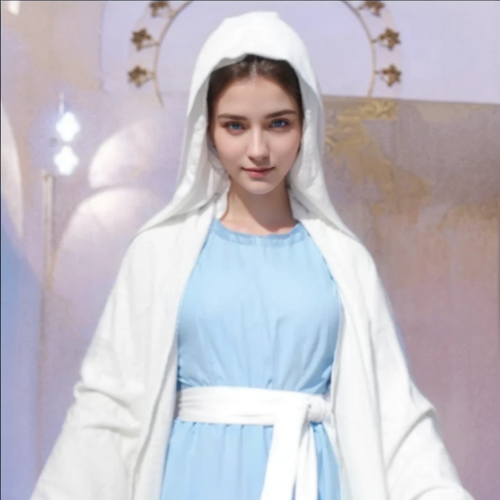 Beautiful woman with light blue eyes wearing blue tunic and white cloak, Serene face with a slight smile 