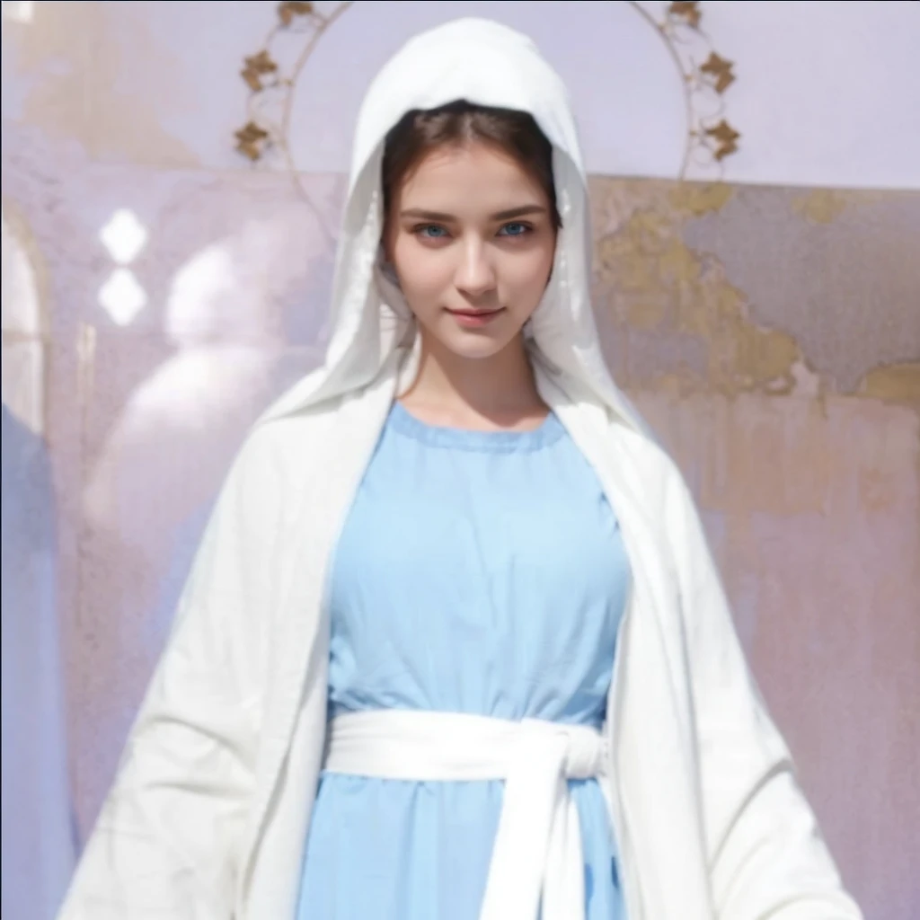 Beautiful woman with light blue eyes wearing blue tunic and white cloak, Serene face with a slight smile