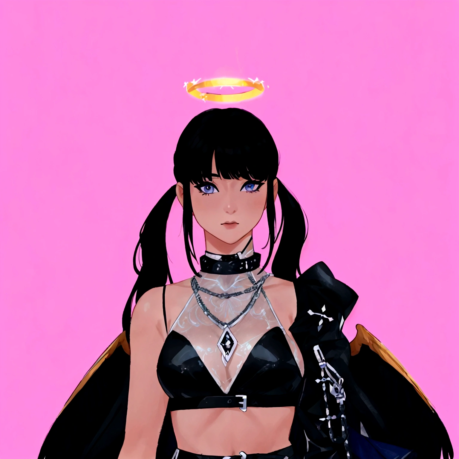 arafed image of a woman in a black outfit with a halo, wearing angel halo, imvu, as a mystical valkyrie, villainess has black angel wings, second life avatar, inspired by Sim Sa-jeong, upper body avatar, goth girl aesthetic, npc with a saint's halo, she has black hair with bangs, portrait of jossi of blackpink