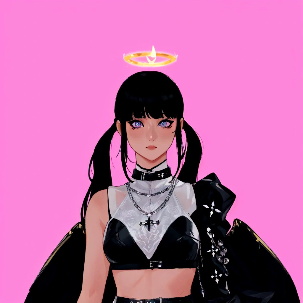 arafed image of a woman in a black outfit with a halo, wearing angel halo, imvu, as a mystical valkyrie, villainess has black angel wings, second life avatar, inspired by Sim Sa-jeong, upper body avatar, goth girl aesthetic, npc with a saint's halo, she has black hair with bangs, portrait of jossi of blackpink