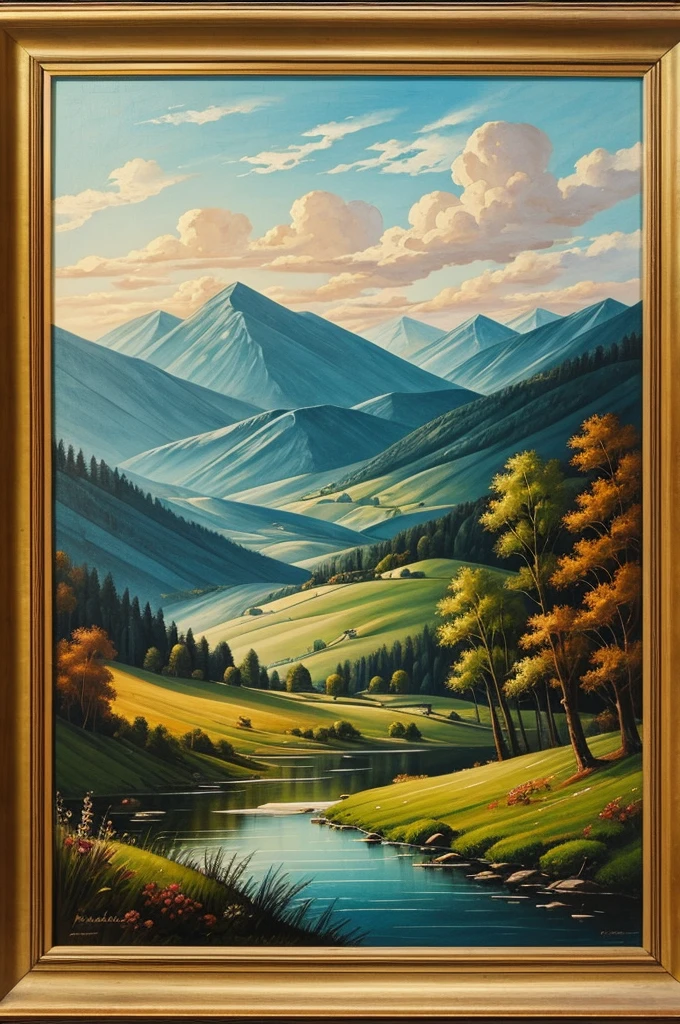 Landscape painting with wooden frame