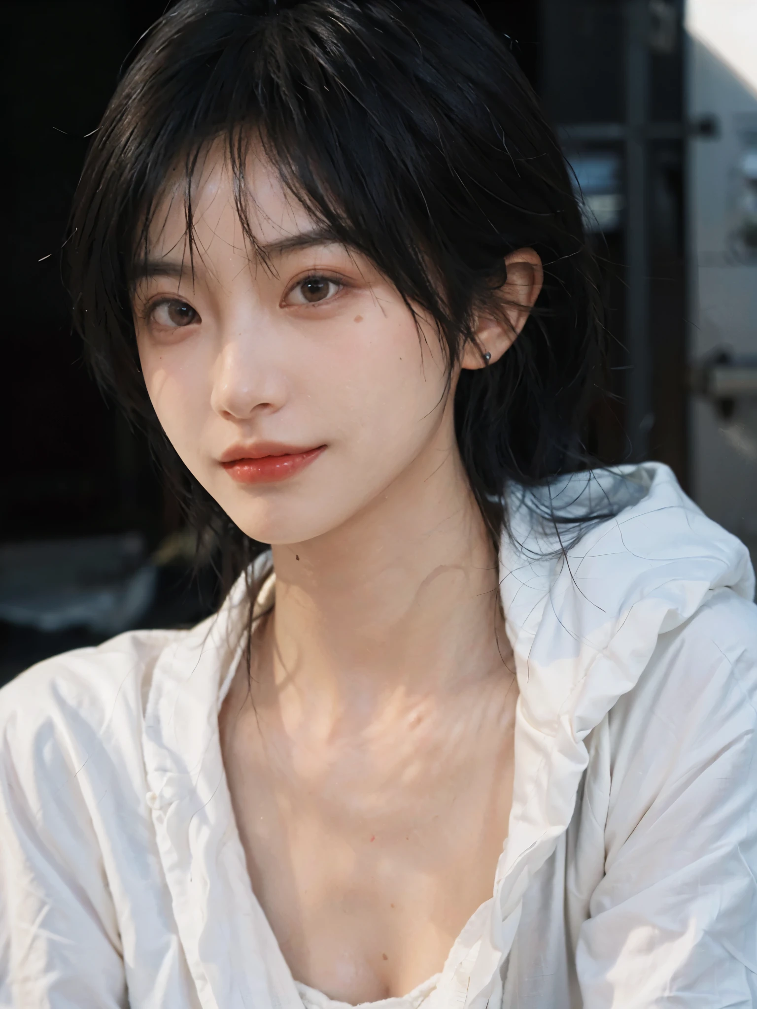 (Skin details:1.4), (smooth skin textures:1.3), （Upper body：1.4），（Upper Body：1.3）Lipstick, background, earrings, serene, calm, Sportswear，hood，(Realistic and detailed eyes：1.2）, Natural skin texture, Realistic facial details, Soft dramatic lighting, Vivid details, 35 mm film, outdoor, (Photo Practical:1.4), (hyper Practical:1.4), (Practical:1.3), (Smoother lighting:1.05), (Improve lighting quality:0.9), (Highest quality real skin textures:1.4), Exquisite eyes, Delicate face, Close-up of face, (Enhance the beauty of skin texture:1.1), Hair details,（Large Breasts：1.3）normal body ratio, short hair, Moles under the eyes, A faint smile,Portrait Photography, Depth of Field, Bokeh, Surrealism, Ray Tracing, (Portrait Photography:1.1), Surrealism, High Detail, Chiaroscuro, Ray Tracing, reflected light, Ultra HD, Ultra HD, masterpiece, Textured Skin, Super Detail, High Detail, high quality, best quality