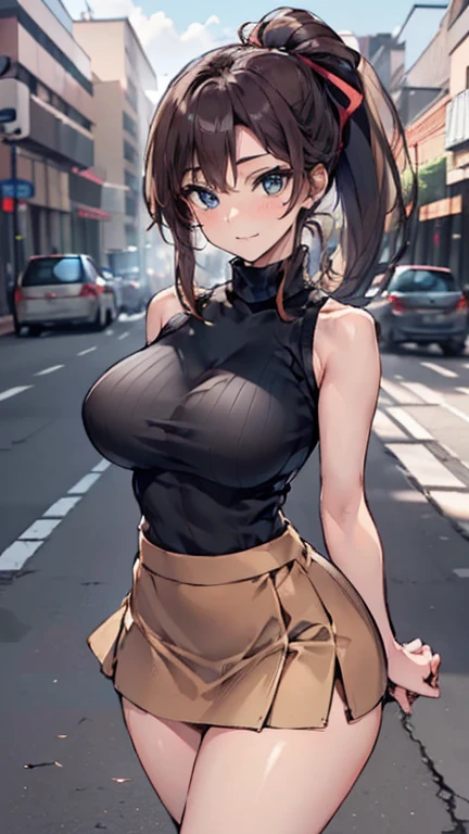 (work of art:1.2, maximum quality), (realisitic, photorealisitic:1.4), beautiful illustration, (natural side lighting, film lighting),
looking away, (Facial Focus, trunk, from low), 1 girl, Japanese, high school girl, , face perfect, perfectbody, beautiful face e simétrico, shining skin, baby face, mic,
(shorth hair:1.5, (low ponytail):1.6, long sideburns, Light brown bun hair), asymmetrical bangs, dark blue eyes, eyes large, droopy eyes, (medium breasts, Seductive thighs, big-ass),
cute hair, beautiful face, beautiful detailed eyes, beautiful collarbone, Body cute, nice chest, beautiful thigh, Nice legs, nice fingers,
((light brown sweater with open shoulders, black sleeveless sweater with turtleneck, brown tight mini skirt, ), emerald green hair ribbon),
(beautiful scenery), natta, (Street), standing, (kind smile, upper eyes, gaping mouth),