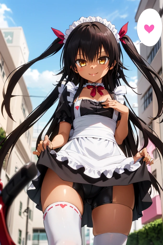 1girl, aster nemesis, dark-skinned female, black hair, very long hair, yellow eyes, flat chest , twin tails, looking at viewer, , , tanned body,from below, ,,8yo,,smile,,(spoken heart),(((maid costume))),miniskirt,thighhighs,cowboy shot,(((lift skirt,bike shorts)))