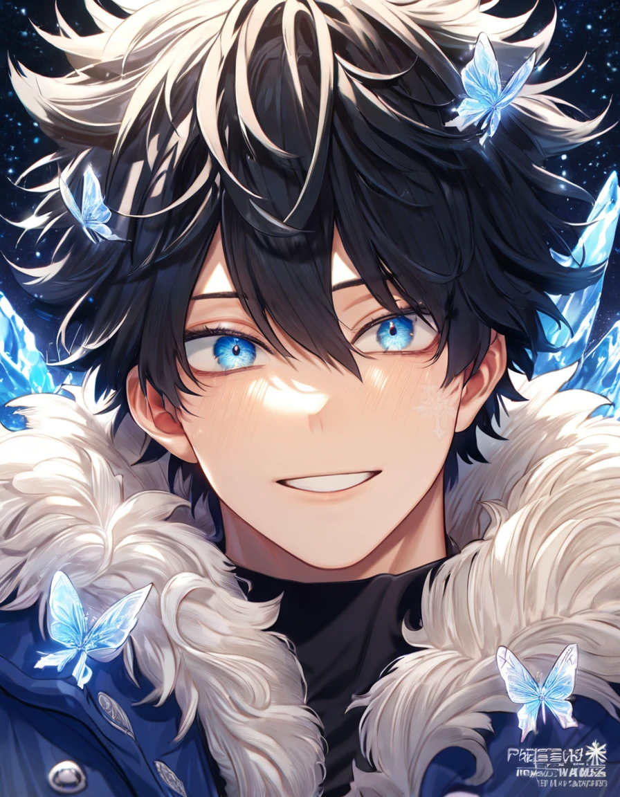 absurdres, highres, ultra detailed, HDR, master piece, best quality, extremely detailed face, delicated features, Gojou Satoru with black hair, messy hair, hair between the eyes, expressive blue eyes, Boku No Hero Academia, sexy man, solo, handsome, smile, blue jacket with fur, black T-shirt, fantasy, magical, ice, ice butterflies, snowflakes, starry night, ice style