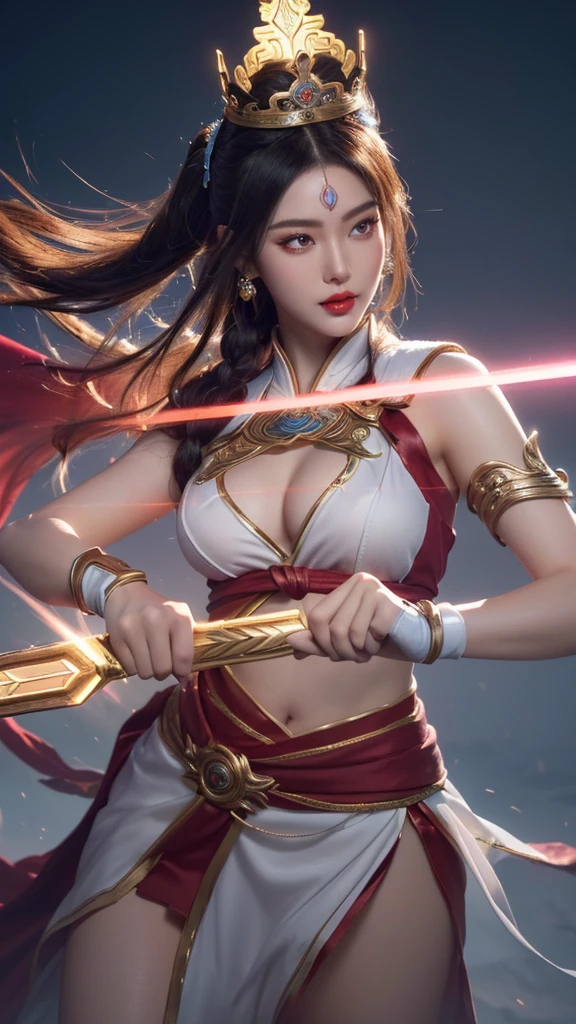 (8k, RAW photo, best quality, masterpiece:1.2),(realistic, photo-realistic:1.4), ultra-detailed, extremely detailed cg 8k wallpaper,(crystalstexture skin:1.2), (extremely delicate and beautiful),8k photo, super high quality, super realistic, super 10x pixels, optical, bright studio, bright edges, dual-tone lighting, (high-detail skin:1.2), super 8k, soft lighting, high quality, volumetric lighting, photorealistic, photorealistic high resolution, lighting, best photo, 4k, 8k quality,a woman with a sword and a crown on her head, extremely detailed artgerm, onmyoji detailed art, heise jinyao, ig model | artgerm, by Yang J, artgerm detailed, ne zha from smite, splash art, style artgerm, irelia, concept art | artgerm, official splash art,no bra,glowing sword,glowing hand,hot vibes