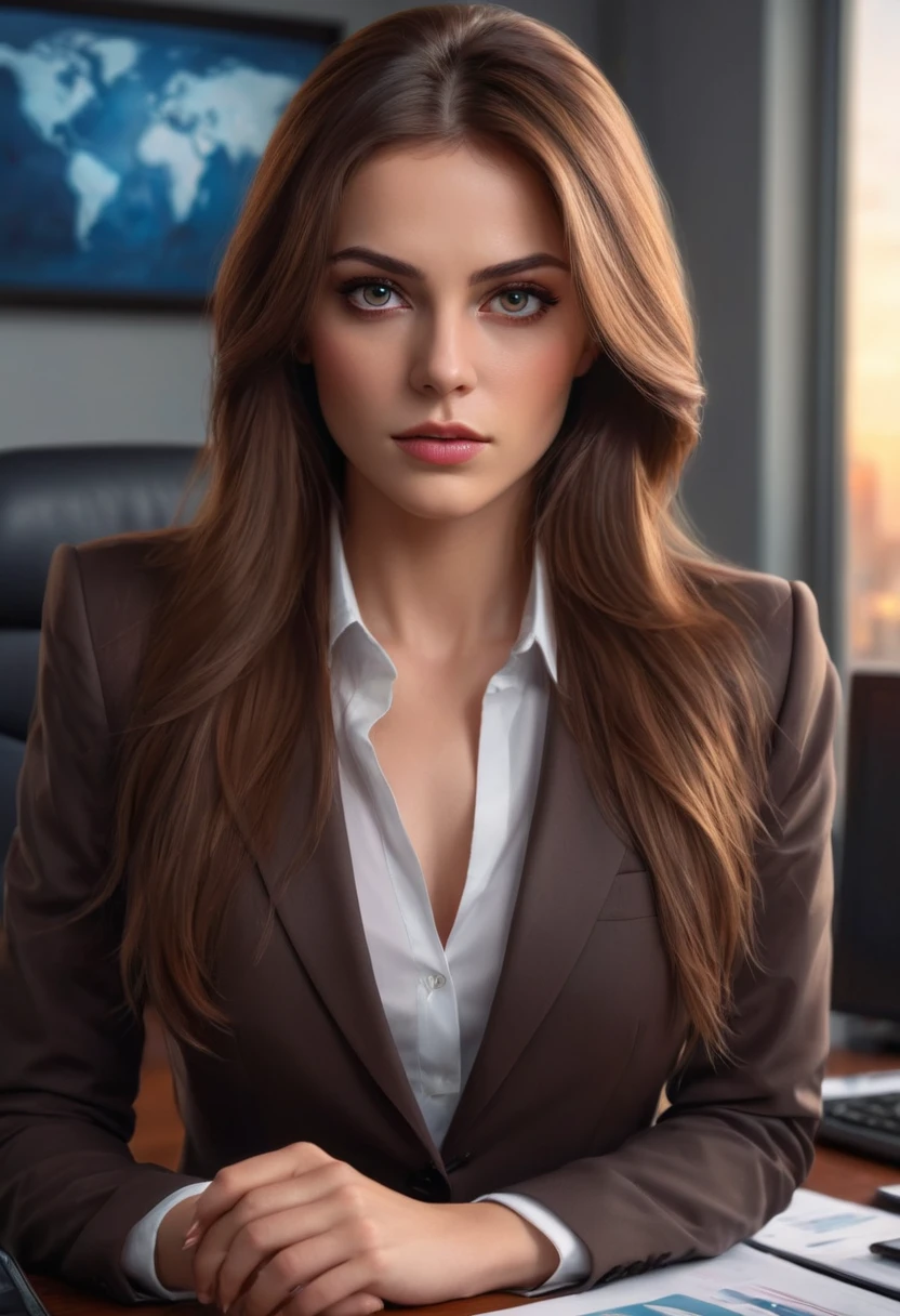 beautiful lady, long brown hair, pretty, ethereal beauty, office suit, office background, female CEO, fierce eyes, highly detailed, 8k, photorealistic, high quality, dramatic lighting, cinematic, realistic, sharp focus, vivid colors, digital art, oil painting