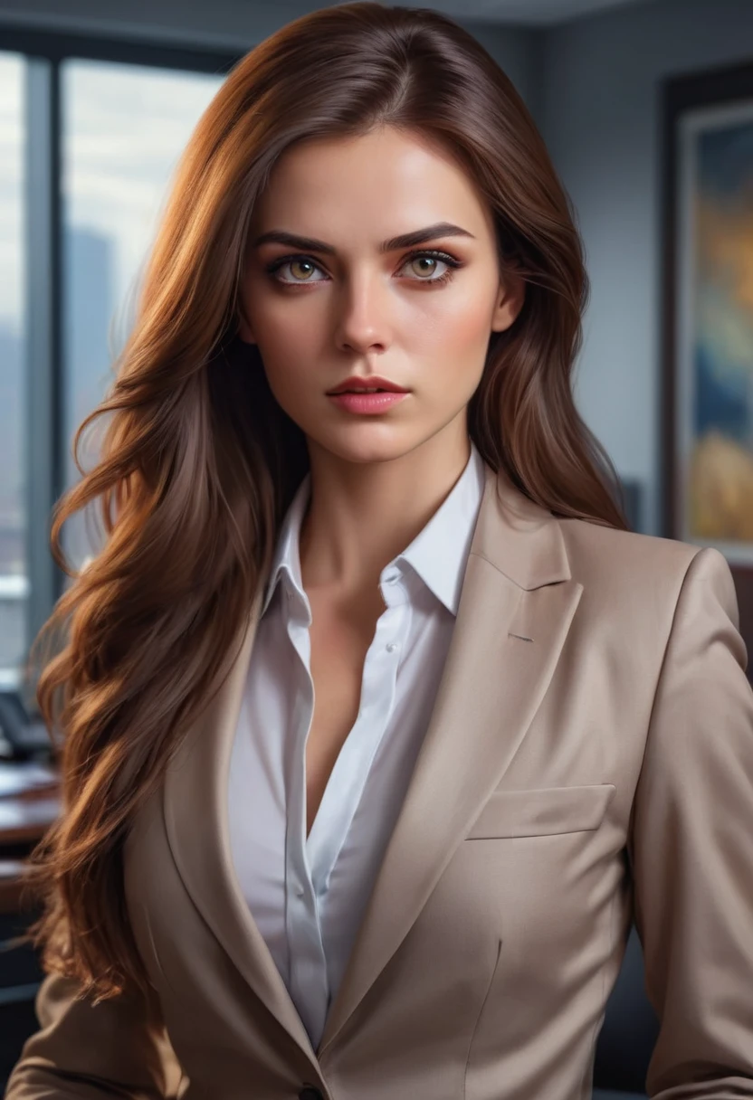 beautiful lady, long brown hair, pretty, ethereal beauty, office suit, office background, female CEO, fierce eyes, highly detailed, 8k, photorealistic, high quality, dramatic lighting, cinematic, realistic, sharp focus, vivid colors, digital art, oil painting