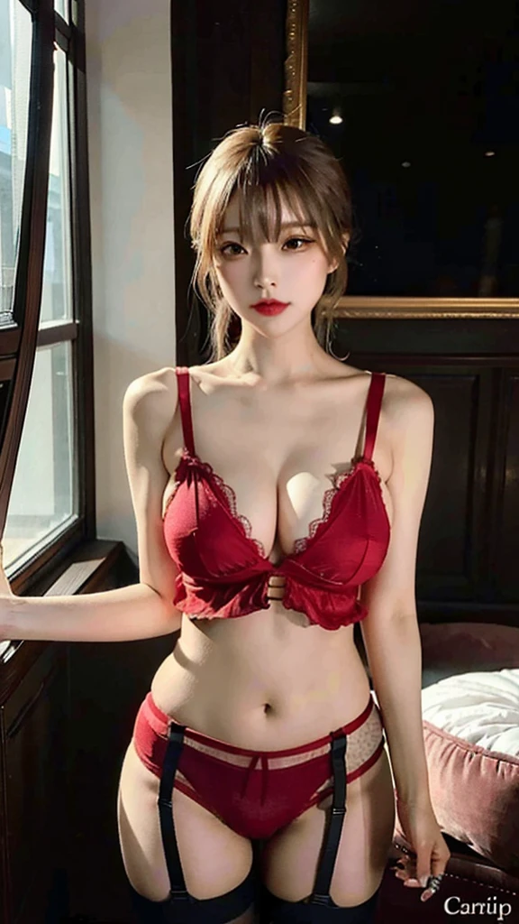 big curves, big breasts, 1girl, pubic hair, sexy lingerie, ((red lingerie)), (full body), thighhighs, (garter belt), transparent lingerie, (cameltoe), masterpiece, photorealistic, (best quality, 4k, 8k, highres, masterpiece:1.2), ultra-detailed, (realistic, photorealistic, photo-realistic:1.37), HDR, UHD, studio lighting, ultra-fine painting, sharp focus, physically-based rendering, extreme detail description, professional, portrait, NSFW