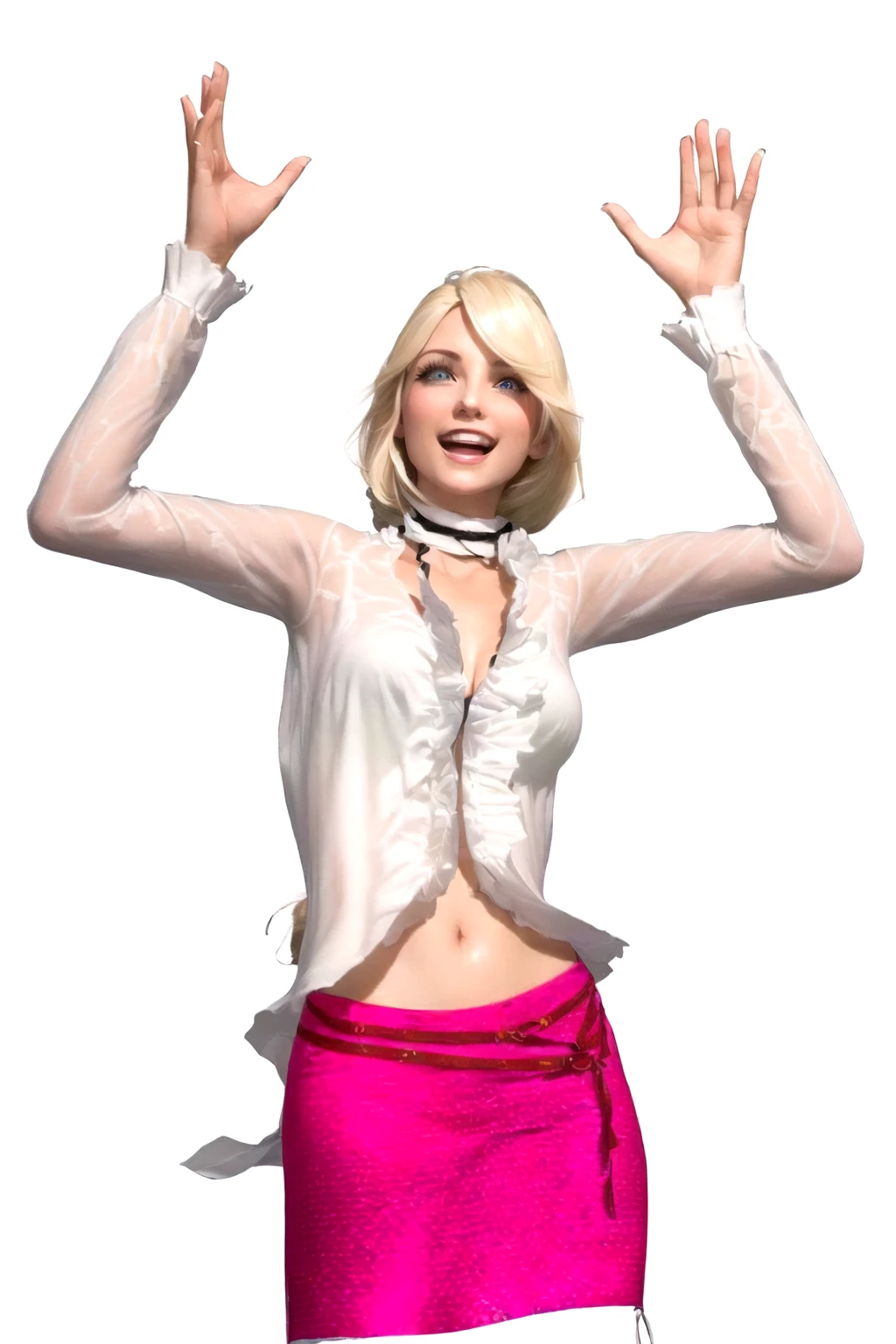 she's European, pale blonde hair, blue eyes, swedish, as a character in Out Run 2, of SEGA, 3D CG from the 2000s, Jennifer, 2k, 2 k, slightly open mouth smiling", realistic, render of april, fighting game character, nina from tekken, cold and a bit sexy, v from devil may cry, (a stern look),(overjoyed, both hands raised to the sky)