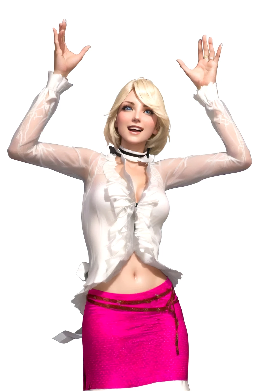 she's European, pale blonde hair, blue eyes, swedish, as a character in Out Run 2, of SEGA, 3D CG from the 2000s, Jennifer, 2k, 2 k, slightly open mouth smiling", realistic, render of april, fighting game character, nina from tekken, cold and a bit sexy, v from devil may cry, (a stern look),(overjoyed, both hands raised to the sky)