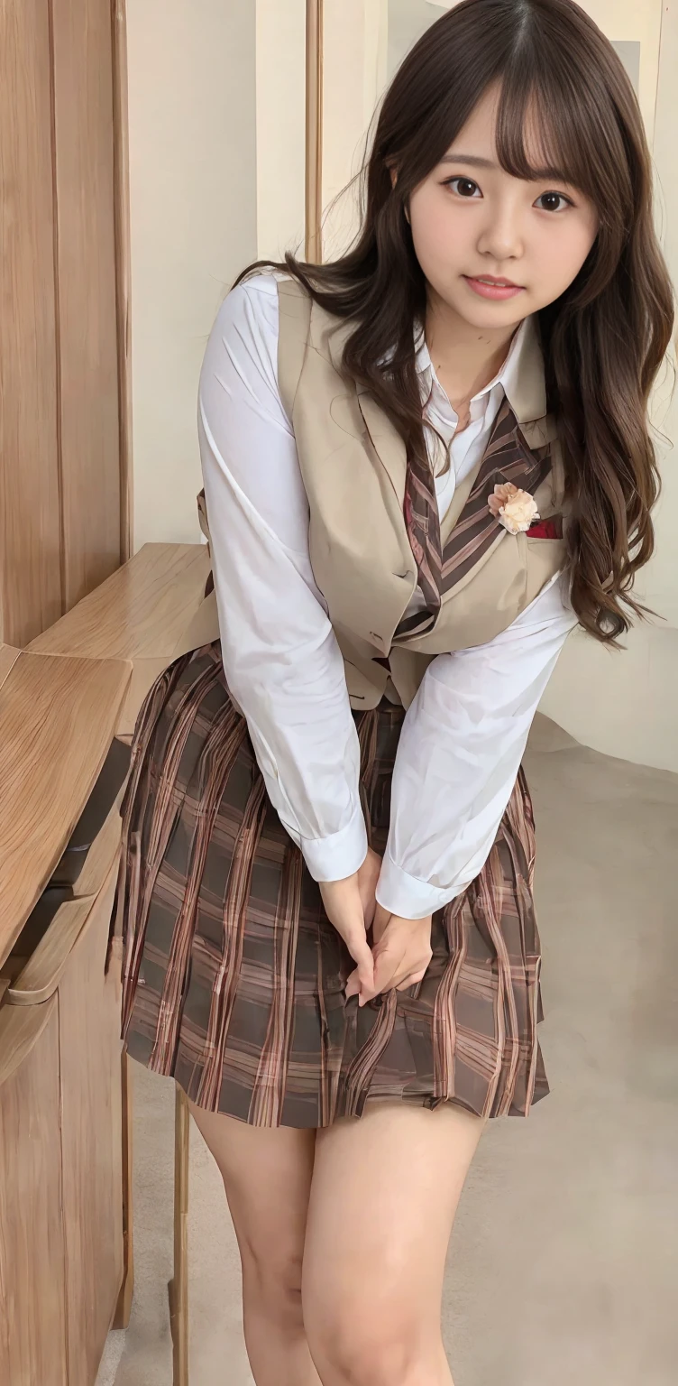 ((Highest quality, Highest quality, Raw quality)), Japanese ID, Mature Woman, ((Chubby round face around 40 years old)),  Wavy black hair with no bangs, Long Hair:1.65, Big twin ponytail:1.79, Flashy makeup, Fuller lips, Sexy Gaze, Cute Uniform, ((dressing)), looking at the camera, Low angle shooting, Cute duck lips,((Very accurate and correct anatomy)), (masterpiece:1.3), Perfect proportions, Realistic photos, Full Shot, whole body, ((height: 146cm)), High heels, loafers, (2 Foot, Two arms), ((Panty shot))
