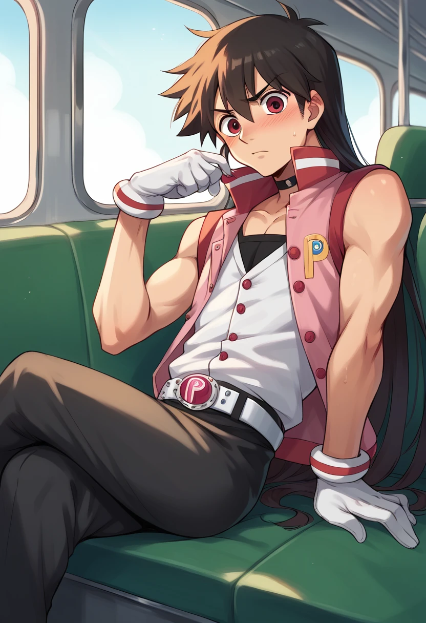 pov, akazutsumi_momoko, sitting, crossed legs, inside a train, vest, gloves, skirt, belt, looking at viewer, dick flash, foreskin, blushing, long hair, man