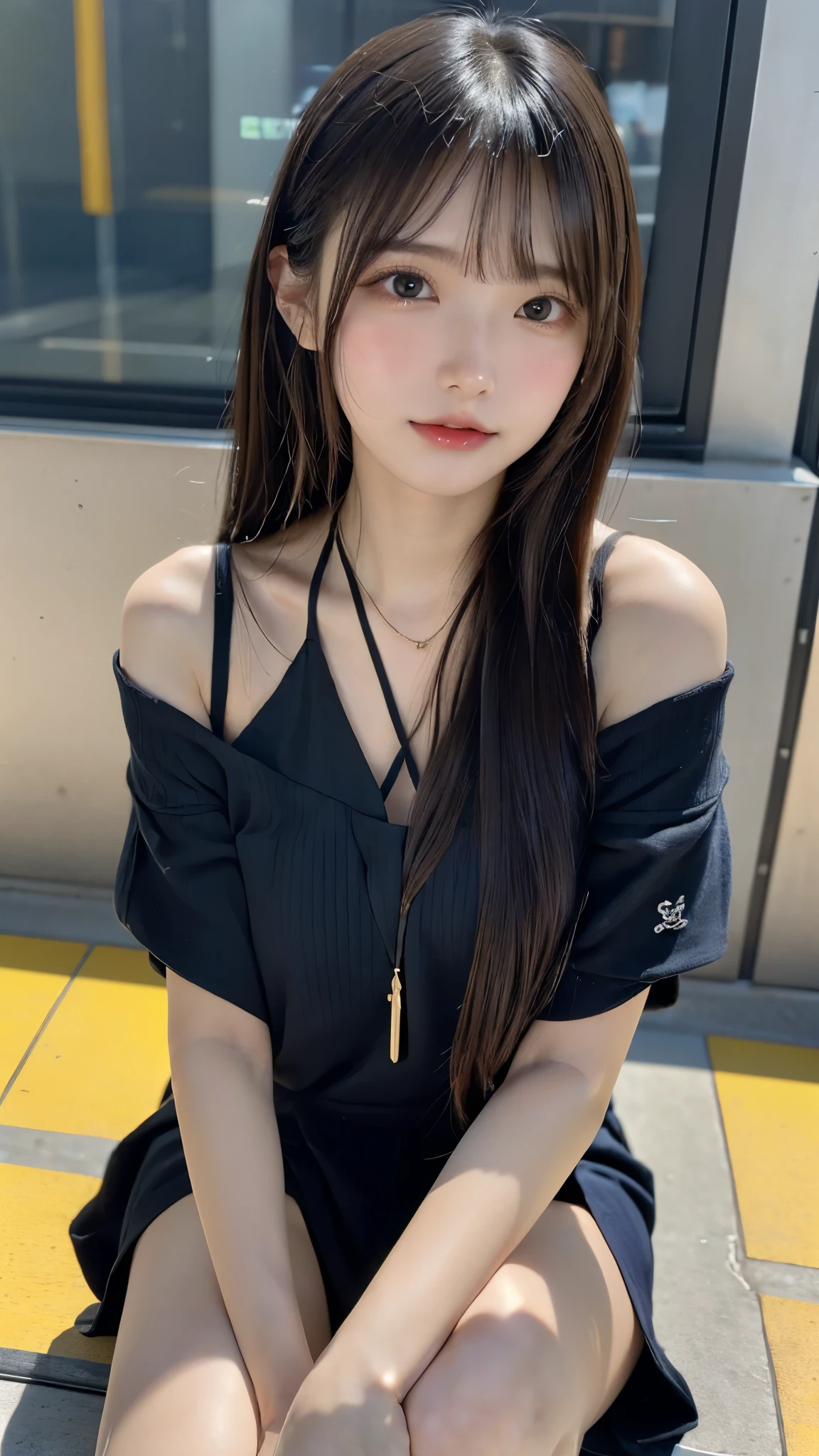 in 8K，photos realistic (1 Cute Korean Idol ) low-tied long hair, Thin makeup, Medium chest size, Close-up portrait, nffsw、Punk Girl、Pendants,FULL BODYSHOT、beauty legs、Beautiful legs、16-year-old 、She's looking at this、(Super beautiful girl:1.5)、(A detailed face)、Adult face、Bare legs, thighs、a closeup、full body Esbian、Nasty eyes,woman in a suit and tie sitting on a train, a hyperrealistic , hyperrealistic , pretty face with arms and legs, cute , ((crossed legs:1.7)), young idol,, japanese girl , juicy legs,((legs visible:1.5)),
