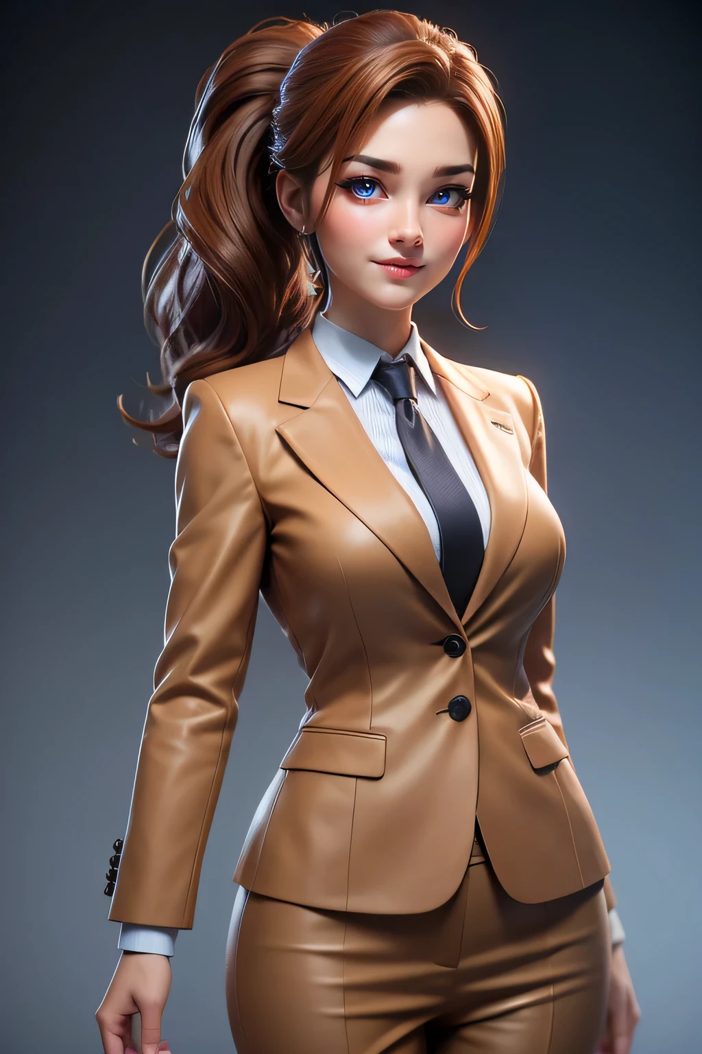 A hyper realistic carricature ,photorealism,of a woman 30 yo.with random hair style,standing.wearing brown office suit ,light smile, high detail,3d render,high definition.medium body
