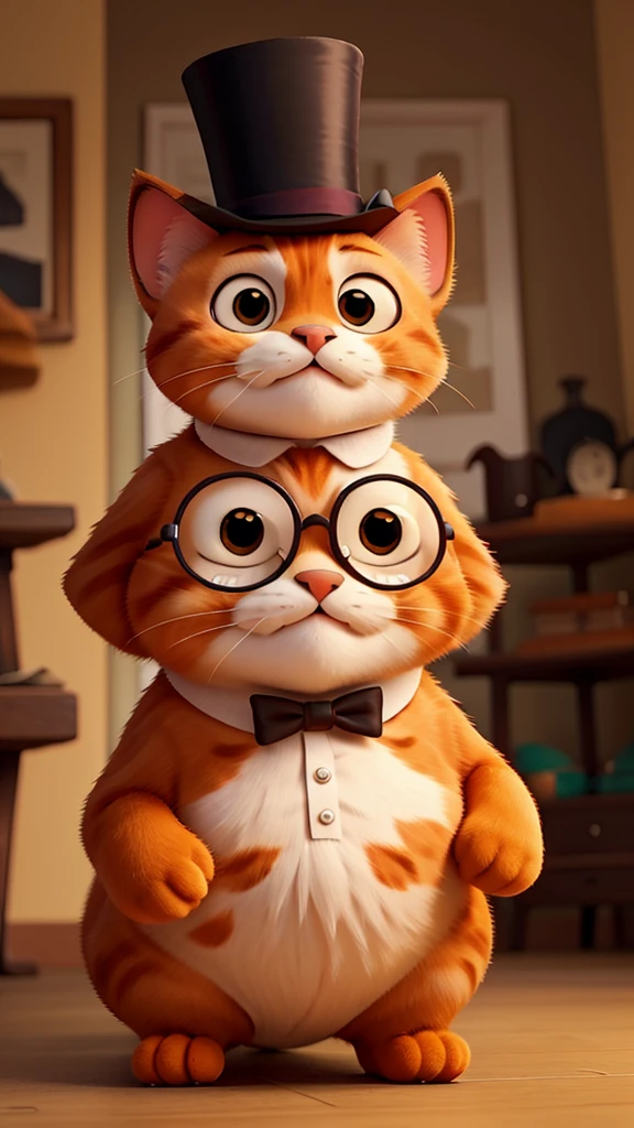 a cute fat orange cat wearing a top hat and monocle, monocle on eye