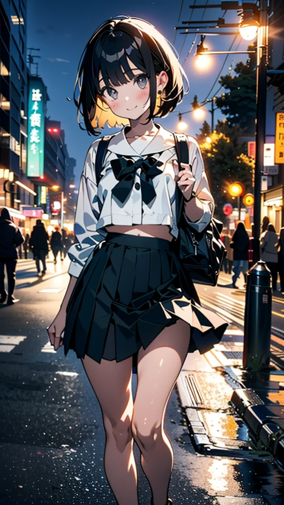 (8K, RAW Photos, 最high quality, masterpiece:1.2), high qualityのRAWカラー写真, Professional photo shoot, Cinematic Light, alone, (((young woman, Gal))), (Sharp features), (Small face), (Skin with attention to detail:1.2), clavicle, Cute face, Beautiful appearance, Long eyelashes,Girl Turning Around, smile, (Black Hair, Bobcut、), Open white shirt、belly button, Very short grey pleated mini skirt, Black sneakers, Backpack, Night Park, Confident attitude, Capture the happy moment, Artistic painting,Attractive thighs, (Very nice touch:1.2),はにかんだsmile), Peaceful atmosphere, Oil painting style, Bright colors, (Are standing:1.5, Night cityscape, Full body portrait), Smooth texture, Gazing Eyes, Beautiful Skin, Shiny skin, ((Perfect Fingers, Five Fingers, Anatomically correct)), Background Blur, high quality, Surreal, ((Very detailed, photo shoot)),Many people々々、blush、plump、White skin、A bag full of stuffed toys、((Selfie))、Beautiful Eyes、Face close-up、Skirt Lift、Showing panties