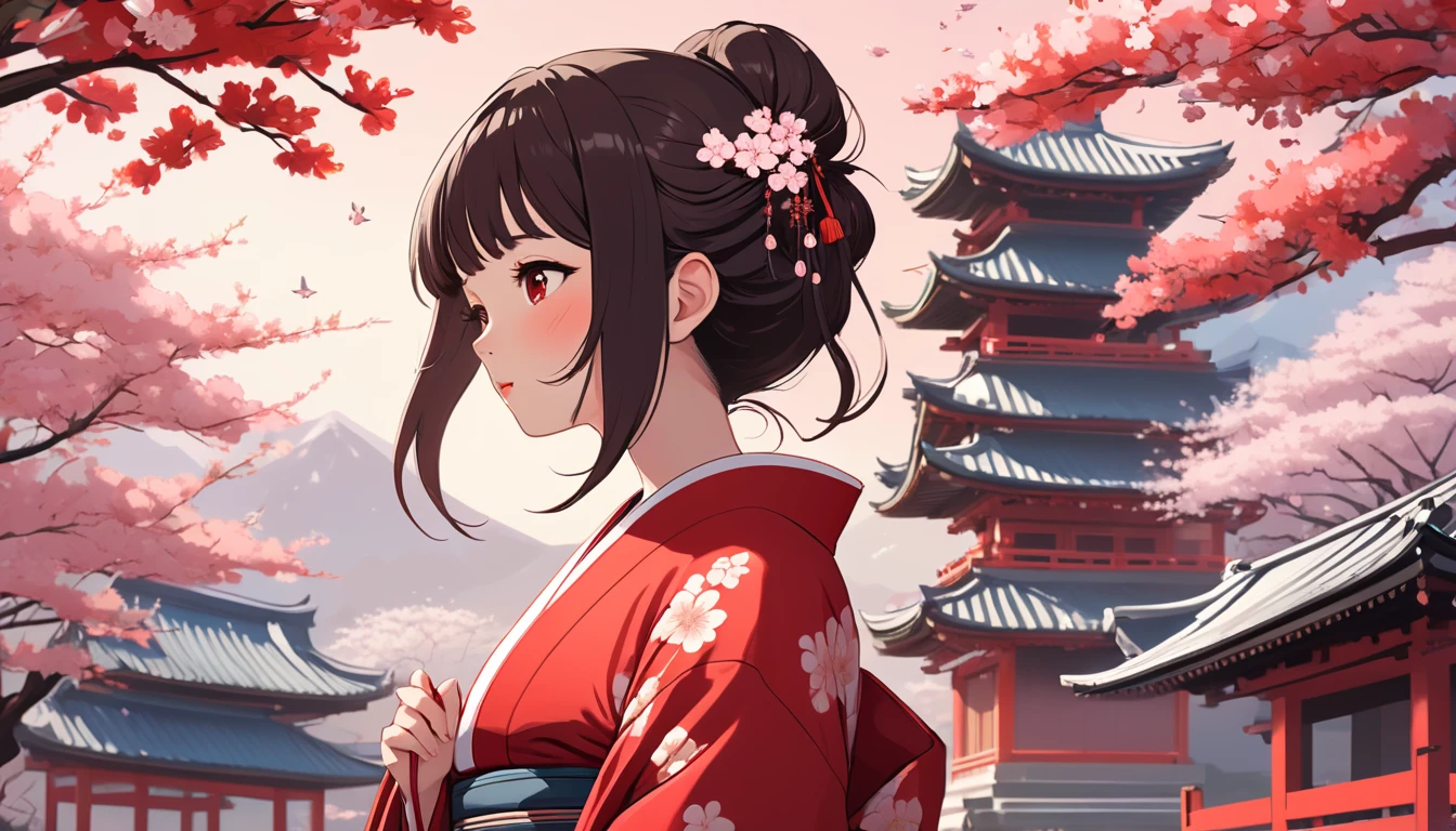  woman in red kimono,Japanese temple with cherry blossoms in the background、 Wide-angle lens, Lofi Anime, Lofi illustration, Aesthetic atmosphere, Lo-Fi Style, Vector art, Flat Design, Simple shape, Warm tones, Pleasant atmosphere, Chill, In anime style, Digital drawing, Vector art, Vector logo for t-shirt printing, (Adorable:1.5), (small:1.4), (Playful:1.2), (soft:1.3), (Whimsical:1.1), masterpiece, Highest quality, 8K, Intricate details, grow, Celestial, Mysterious, Picturesque, amazing, Majestic, Magic, Fantasy art, Cover art, dream-like