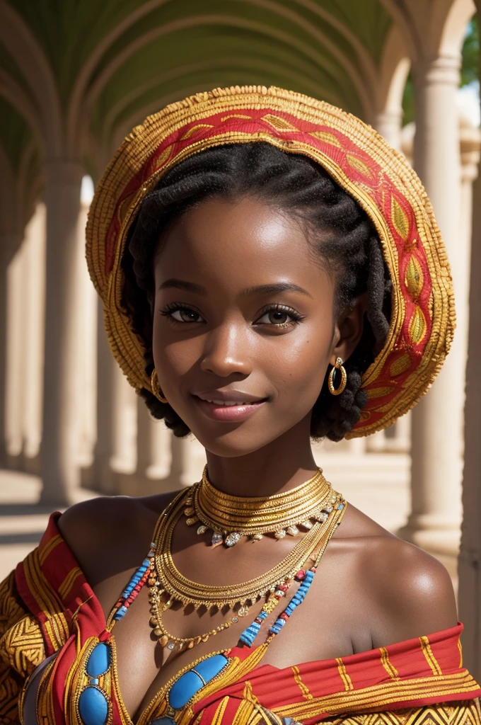 Princess Adanna**: A with skin as dark as night, with a traditional African dress, perhaps with tribal patterns or brightly colored fabrics. She has a curious look and a gentle smile exploring the palace gardens.