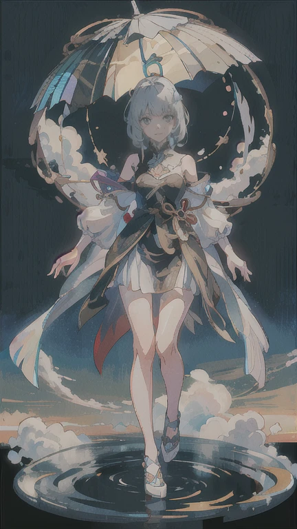 ((work of art, best qualityer)), 精致的面容,Kizi,all-body,Standing photo,perfect body proportions,gorgeous eyes,FantasyStyle,extremely pretty,transparentes,clouds,water ripples,transparentes,fun、May,lace,star decoration