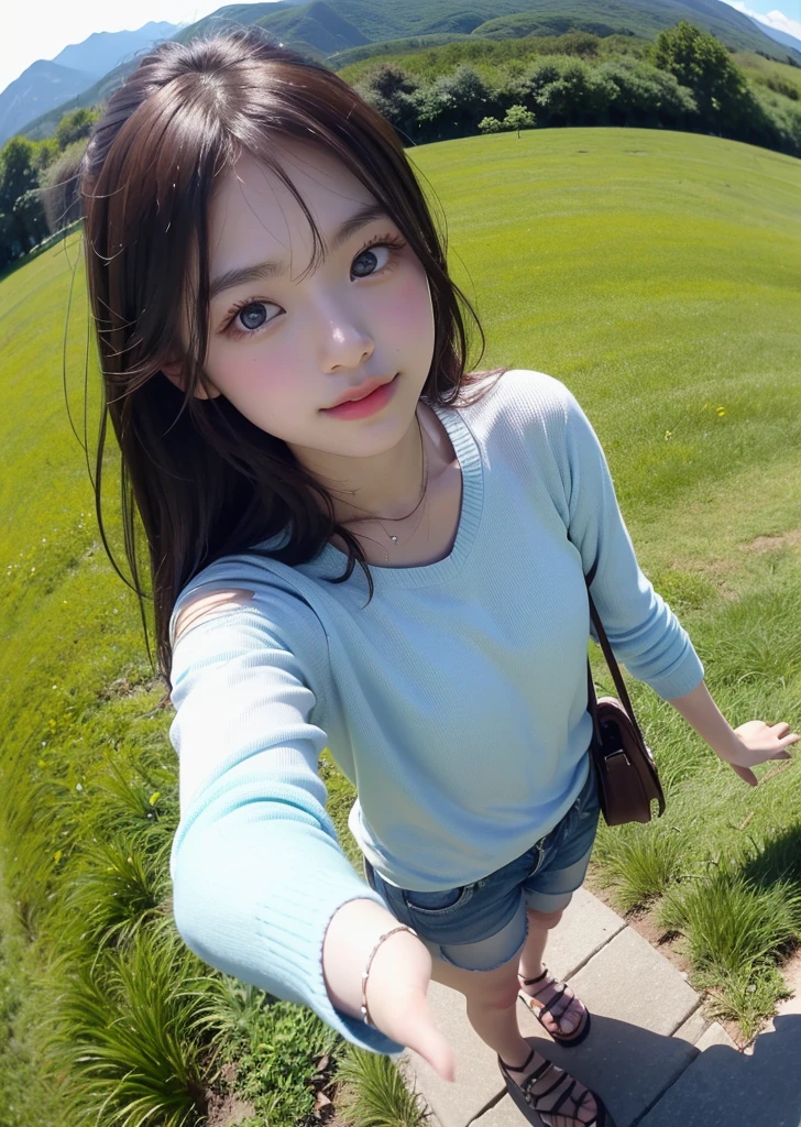 8K, RAW Photos, 最high quality, masterpiece: 1.2)、Selfie、(((A broad perspective)))、A plateau with a distant mountain range、Super fisheye lens、Shooting from above、The face is shown large、Looking at the camera、Cool pose、Hair tousled by the wind、Full body photo、Green Grass、Blue sky、Raw photo of a beautiful 20-year-old Japanese woman、high quality、More skin、Shiny skin、Clear Face、Cinematography、Sharp focus