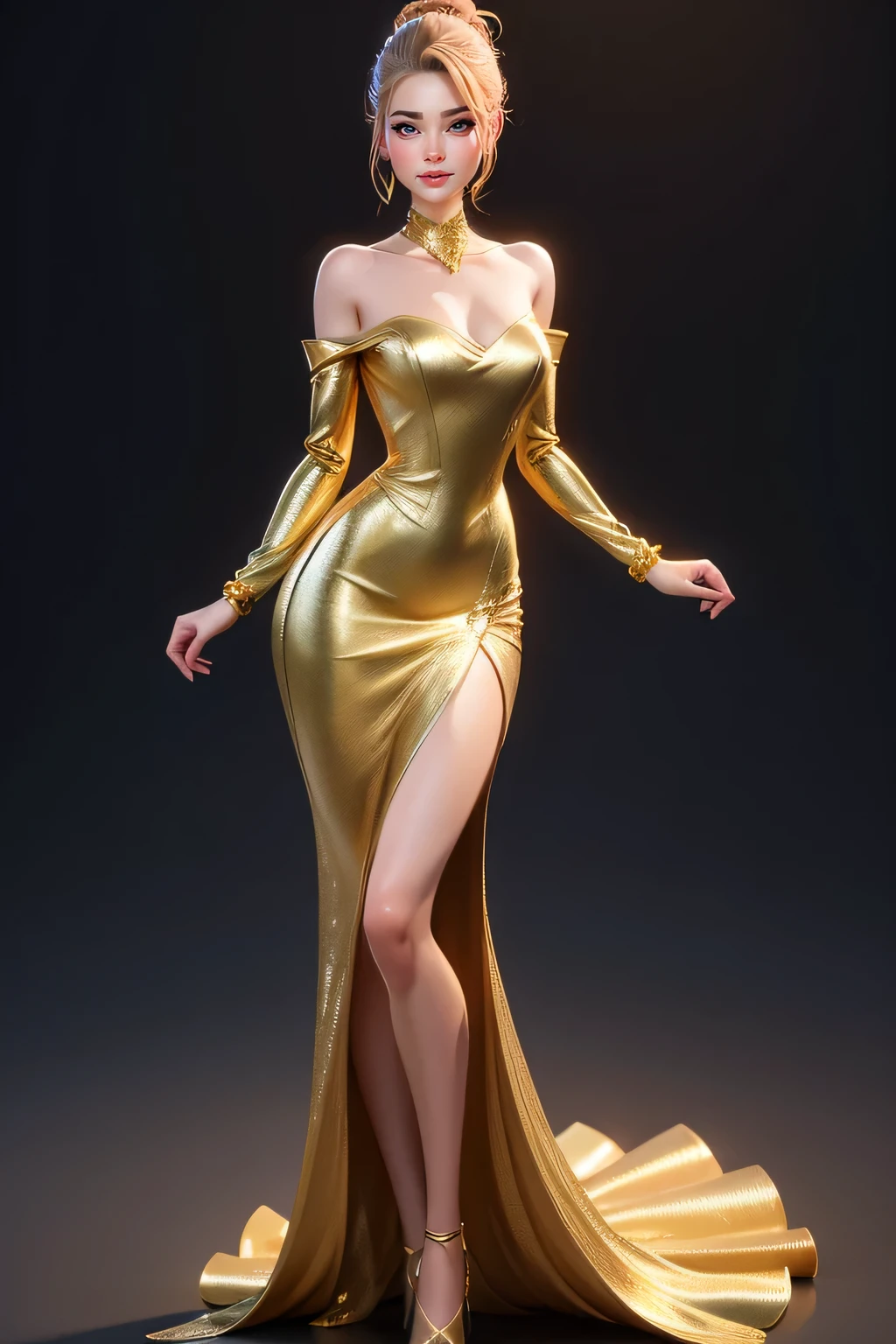 A hyper realistic carricature ,photorealism,of a skinny woman 20yo.with random hair style,standing.wearing gold elegant dress ,light smile, high detail,3d render,high definition