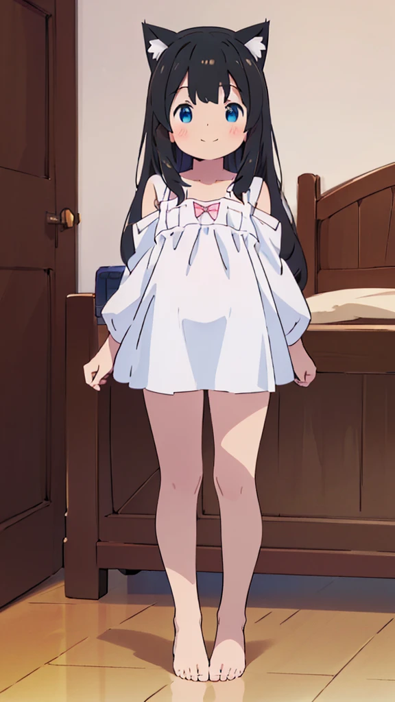 ((masterpiece))((Highest quality))Cat ear、girl、smile、blush、Flat Chest、Are thin、、low length、Black Hair、Leg-length hair、Embarrassed、Are standing、Whole body image、Even your toes are visible、Eye level on face、front、No background、mayonnaise、真frontのアングル