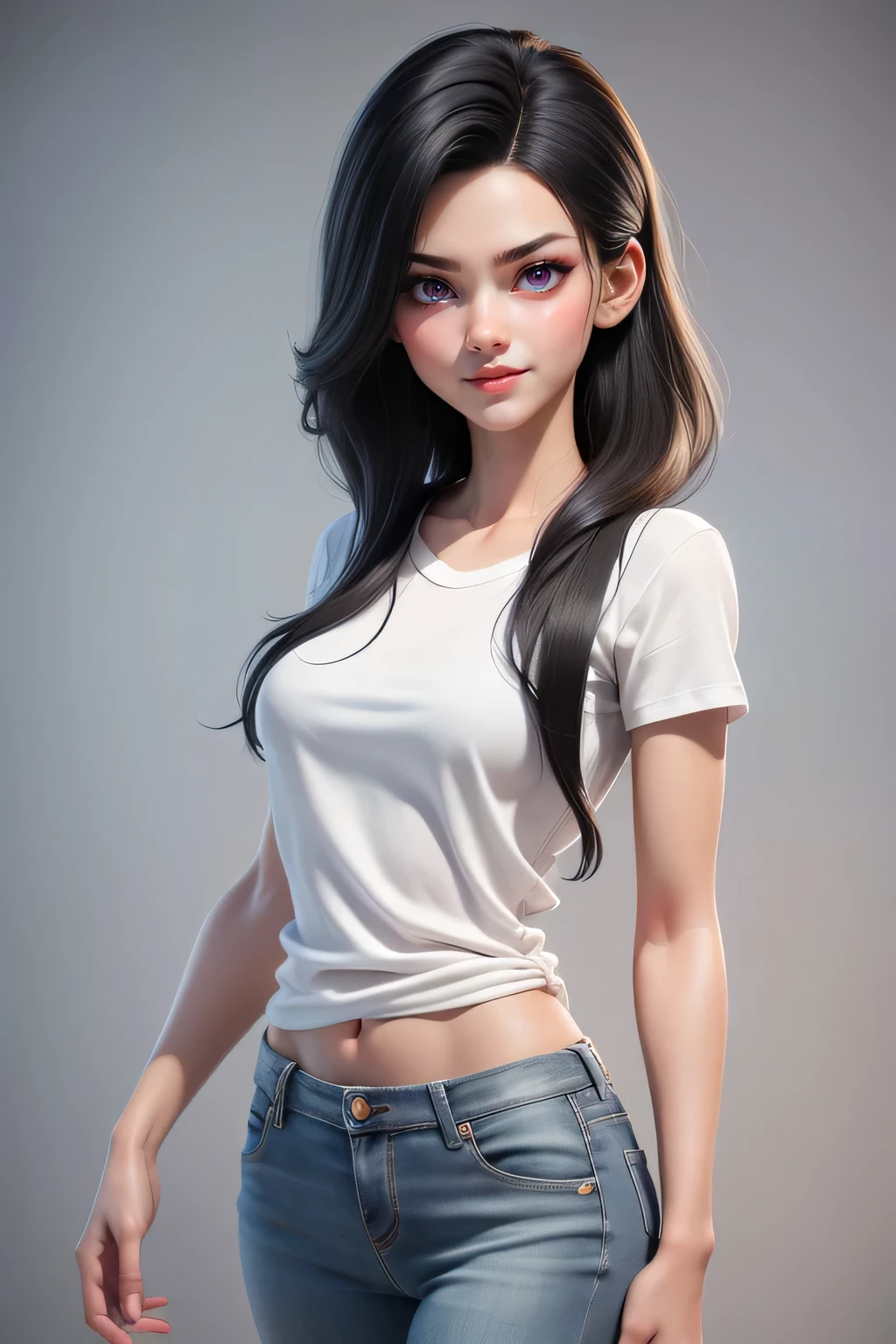 A hyper realistic carricature ,photorealism,of a skinny woman 20yo.with black random hair style,standing.wearing white t shirt and jeans ,light smile, high detail,3d render,high definition.medium body