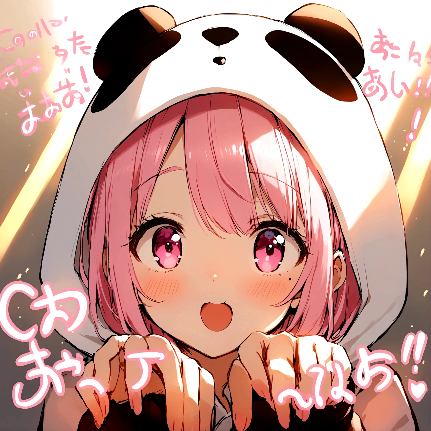 anime、Girl in panda costume、Pink Hair、Mole under the eye、Pink eyeball、Cute pose、Congratulations