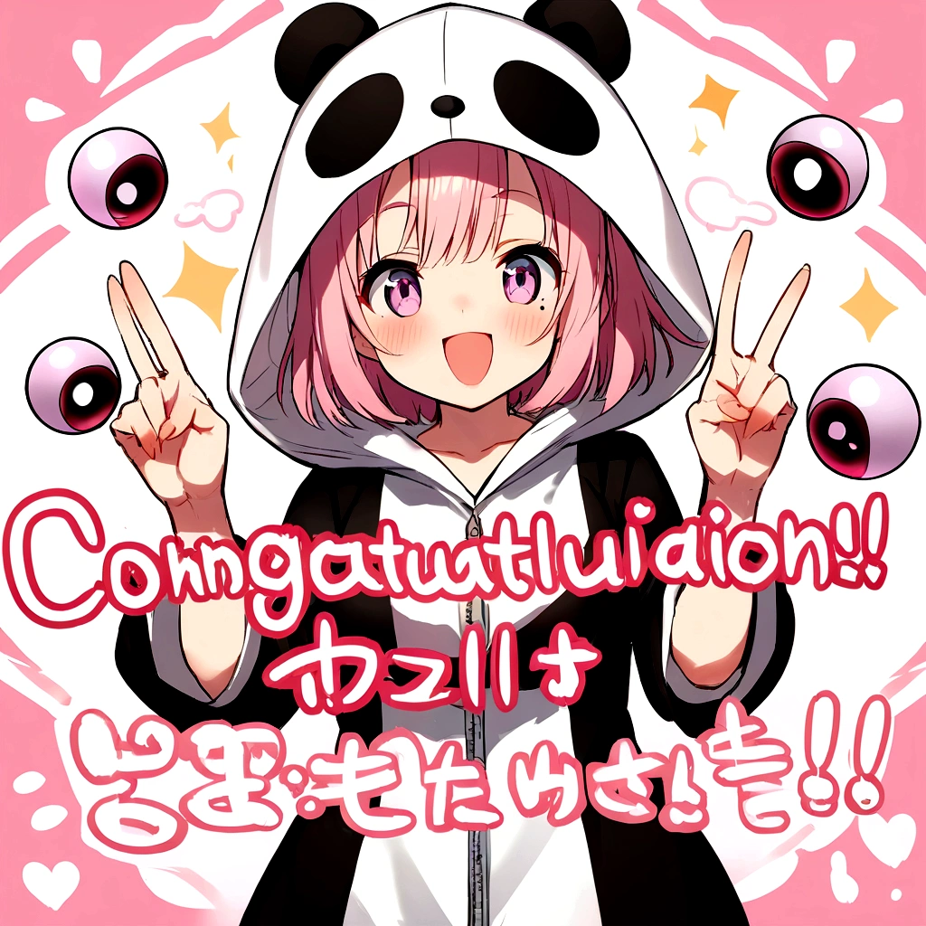 anime、Girl in panda costume、Pink Hair、Mole under the eye、Pink eyeball、Cute pose、Congratulations