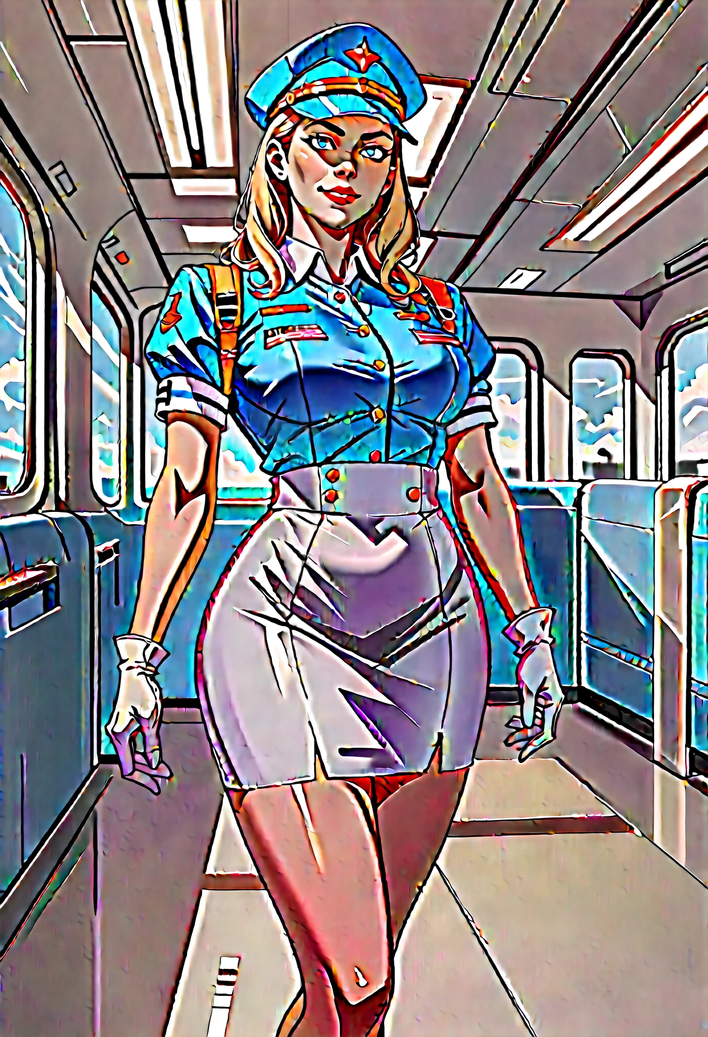 score_9, score_8_up, score_7_up, BREAK extremely detailed, 2d, solo, stewardess, blue blouse, white skirt, gloves, cap, (smile:0.5), indoors, airport, facing viewer, frontal image.