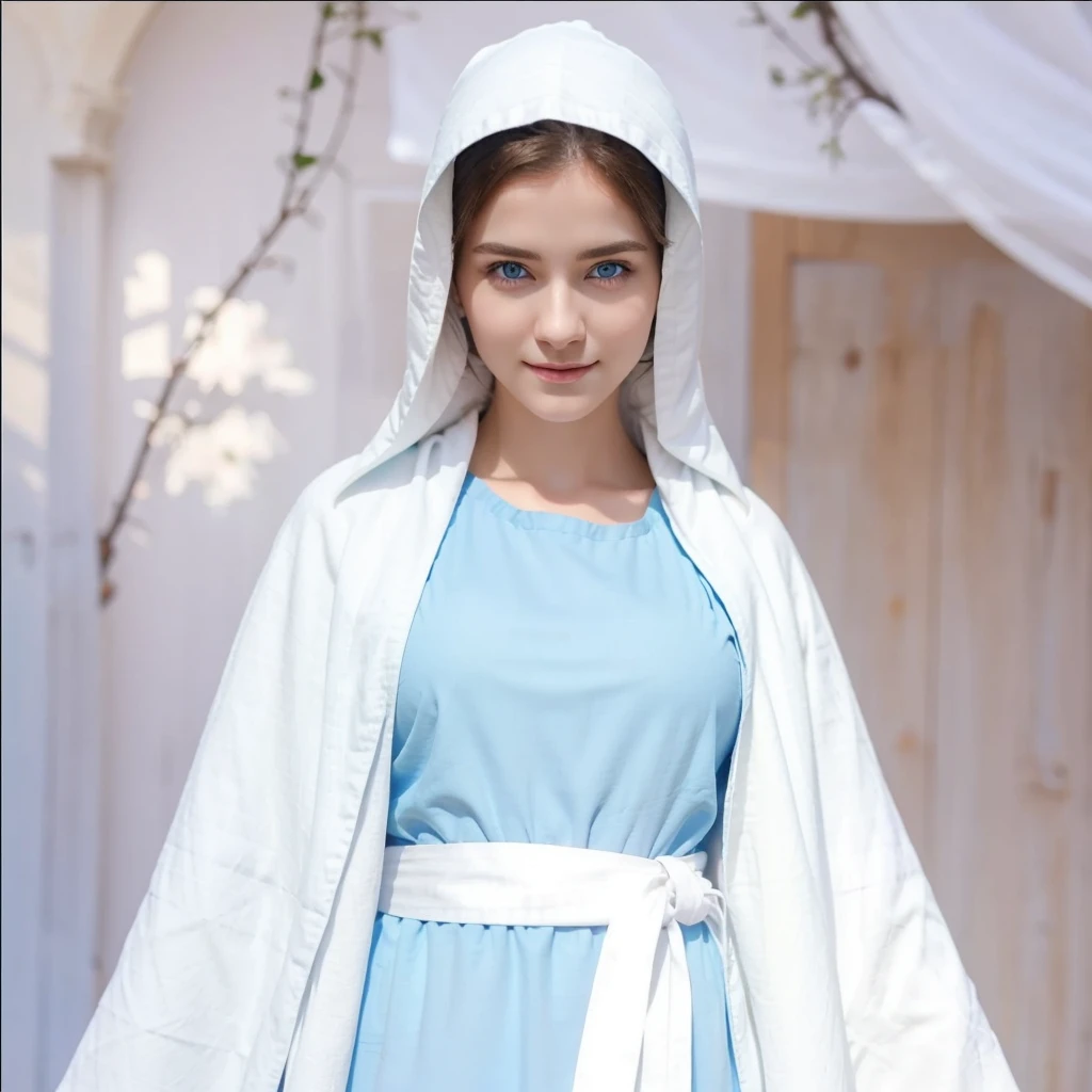 Beautiful woman with light blue eyes wearing blue tunic and white cloak, Serene face with a slight smile