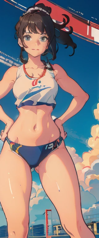Female athletes, ((work of art, highest quallity, A highest quallity de imagem, high resolution, photorrealistic, CRU photo, 8K)), ((Extremely detailed 8k unified CG wallpaper)), (huge stunning photo of goddess, very hot and sexy, jaw dropping beauty, perfect proportions, Body cute, slim body beauty:1.4), Female athletes on the track, rear view, Female athletes wearing sports bras, Underwear, and shoes, covered in sweat, running sweat, plein-air, on a very hot day, stand with your hands on your hips and your legs open, From knee to chest, Looking at the sky, from behind, between frenzy and applause, with straight hands and fingers, detailed skin and sweat,