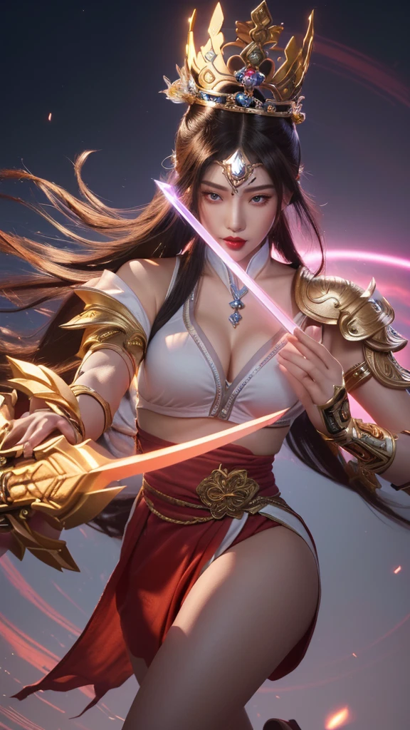 (8k, RAW photo, best quality, masterpiece:1.2),(realistic, photo-realistic:1.4), ultra-detailed, extremely detailed cg 8k wallpaper,(crystalstexture skin:1.2), (extremely delicate and beautiful),8k photo, super high quality, super realistic, super 10x pixels, optical, bright studio, bright edges, dual-tone lighting, (high-detail skin:1.2), super 8k, soft lighting, high quality, volumetric lighting, photorealistic, photorealistic high resolution, lighting, best photo, 4k, 8k quality,a woman with a sword and a crown on her head, extremely detailed artgerm, onmyoji detailed art, heise jinyao, ig model | artgerm, by Yang J, artgerm detailed, ne zha from smite, splash art, style artgerm, irelia, concept art | artgerm, official splash art,no bra,glowing sword,glowing hand,hot vibes
