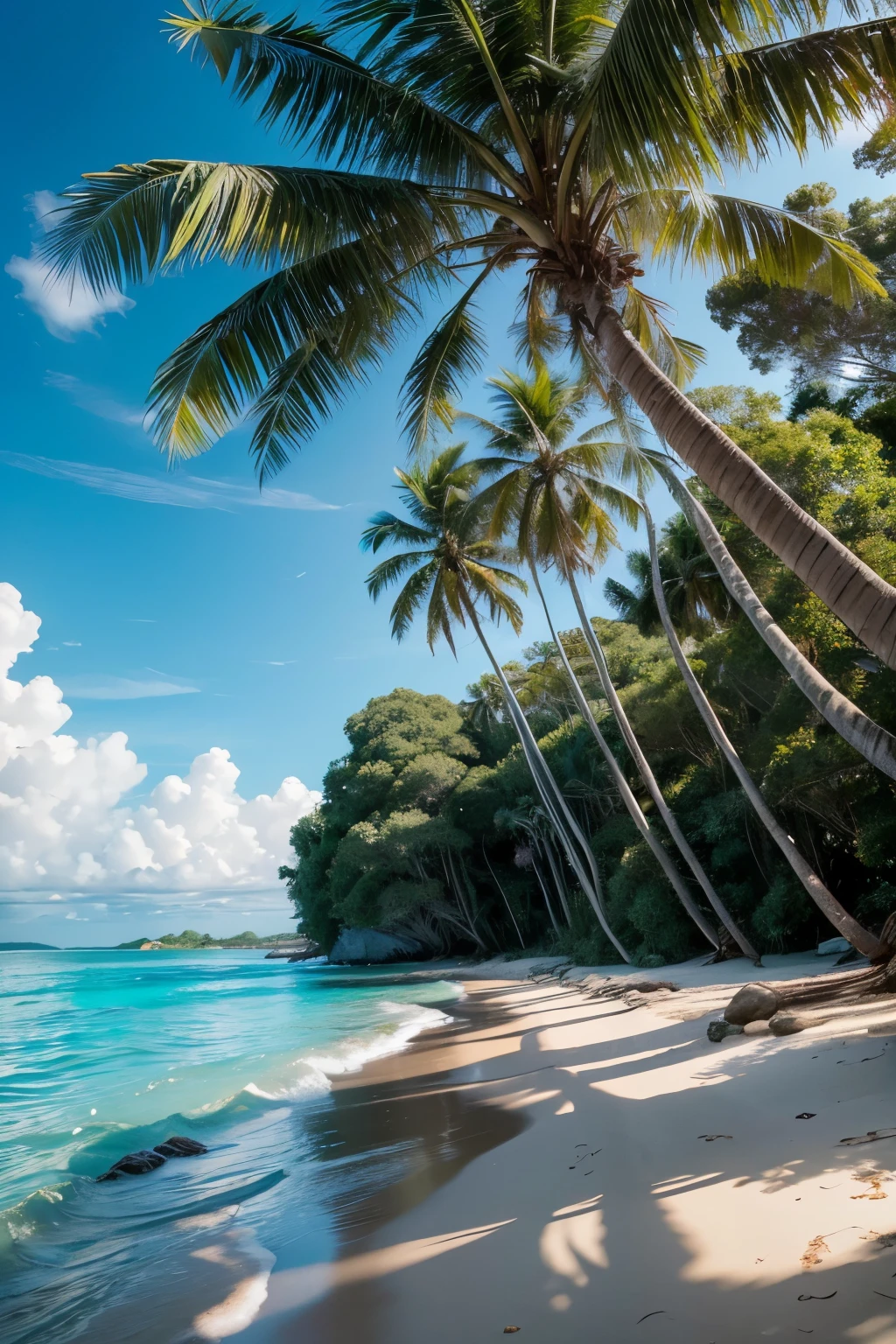 "A Masterpiece: 1.3, RAW, Best quality, High Resolution, capturing a breathtaking tropical beach scene (iu:0.9). The image showcases a pristine stretch of golden sand, where the crystal-clear turquoise waves gently crash, leaving behind a trail of shimmering foam. Tall palm trees with lush green leaves and brown trunks line the shore, their leaves swaying gently in the light breeze, creating a soothing rhythm. The sky above is a majestic blend of vibrant blue and fluffy white clouds, scattered across it, adding to the serene and tranquil atmosphere of the location. The sunlight illuminates the scene, casting long,