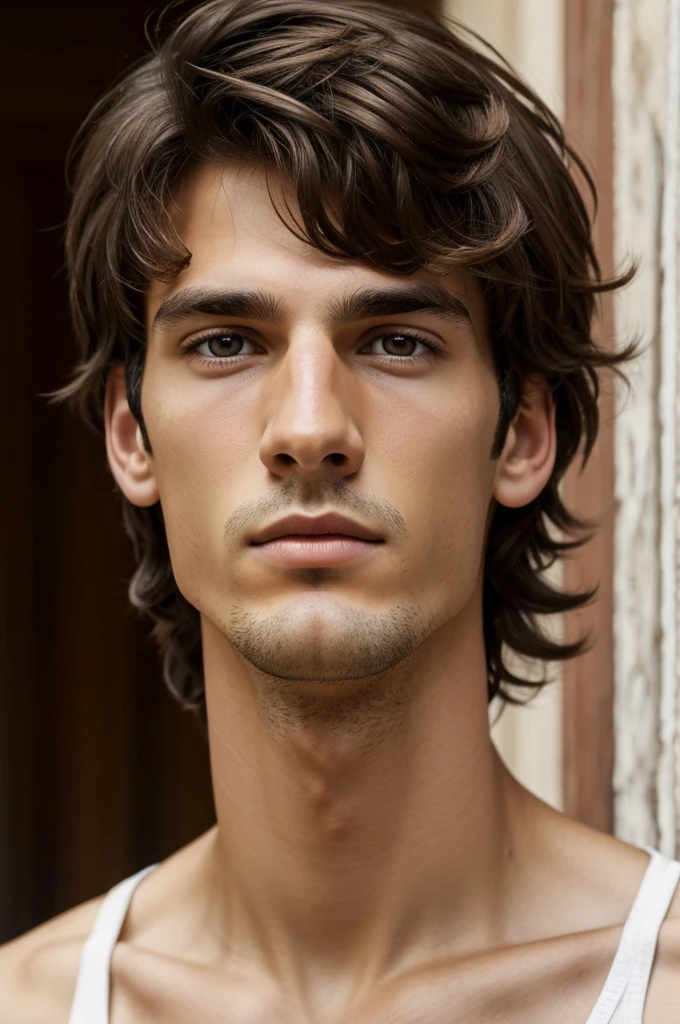 A boy with dark brown hair, tired look, long face, hazel eyes, Skinny, White, greek nose