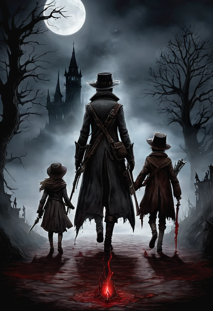 This illustration will depict three children. The entire theme is inspired by the video game Bloodborne, that&#39;s why she&#39;s gloomy. The illustration shows three sons. The eldest son is 10 years old, average - 8, and the youngest is 6. They all inherited their father&#39;s hair color, hair color mixture of sand and honey-blonde hair color, but only the middle and junior ones have freckles. The eldest and middle sons have green eyes, while the younger eye has a more golden hue . Their clothes adhere to the bloodborne atmosphere. For all of them I want, so that their clothes are faded, purple and blue, but still dark, shabby and gloomy.